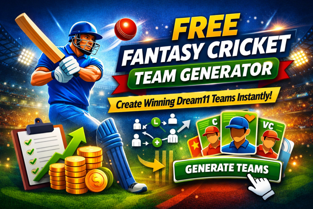 Free Fantasy Cricket Team Generator tool interface with player selection, captain choices, and Dream11 team creation concept in stadium background