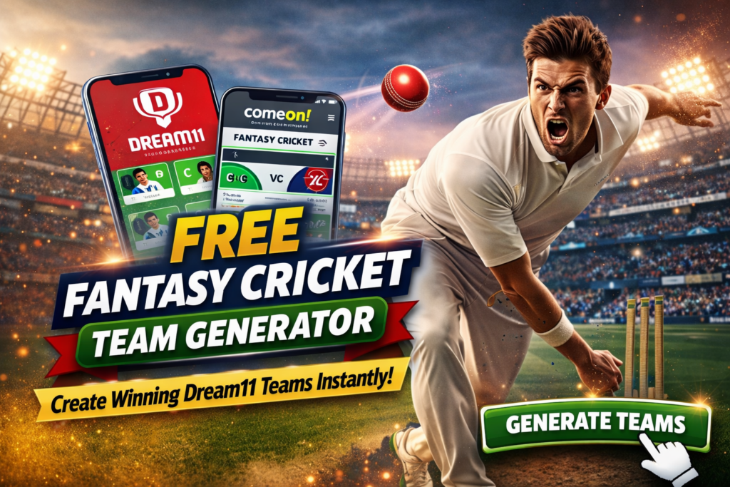 Aggressive cricket bowler delivering ball with Dream11 and ComeOn fantasy apps showing team builder for fantasy cricket team generator
