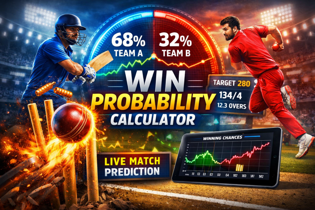 Cricket win probability calculator showing live match prediction with team winning percentage and real-time analysis