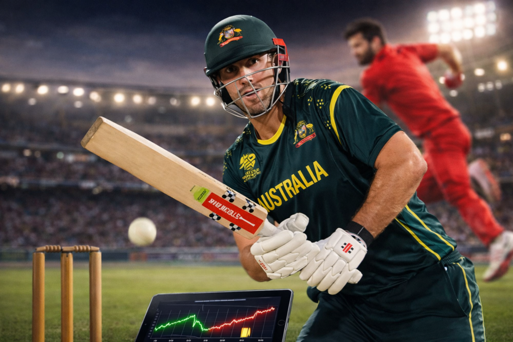 Australian batsman playing shot during match with win probability calculator analysis and real-time winning chances graph