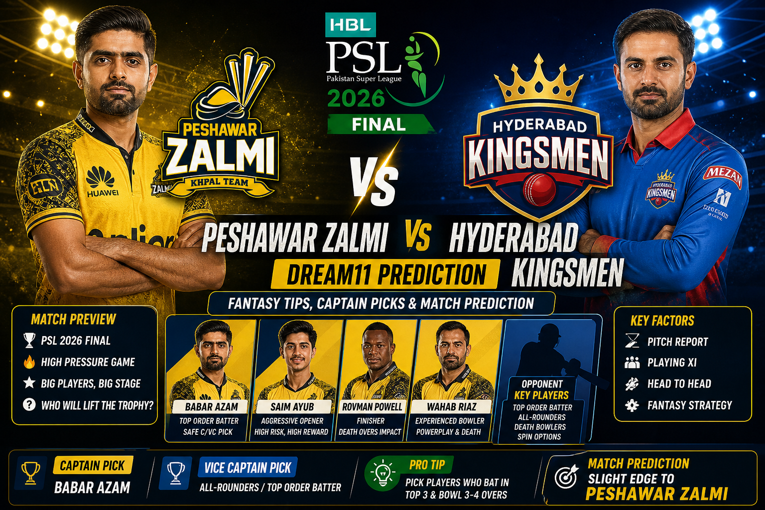 Peshawar Zalmi vs Hyderabad Kingsmen Dream11 Prediction HBL PSL 2026 Final: Fantasy Tips, Captain Picks & Match Prediction