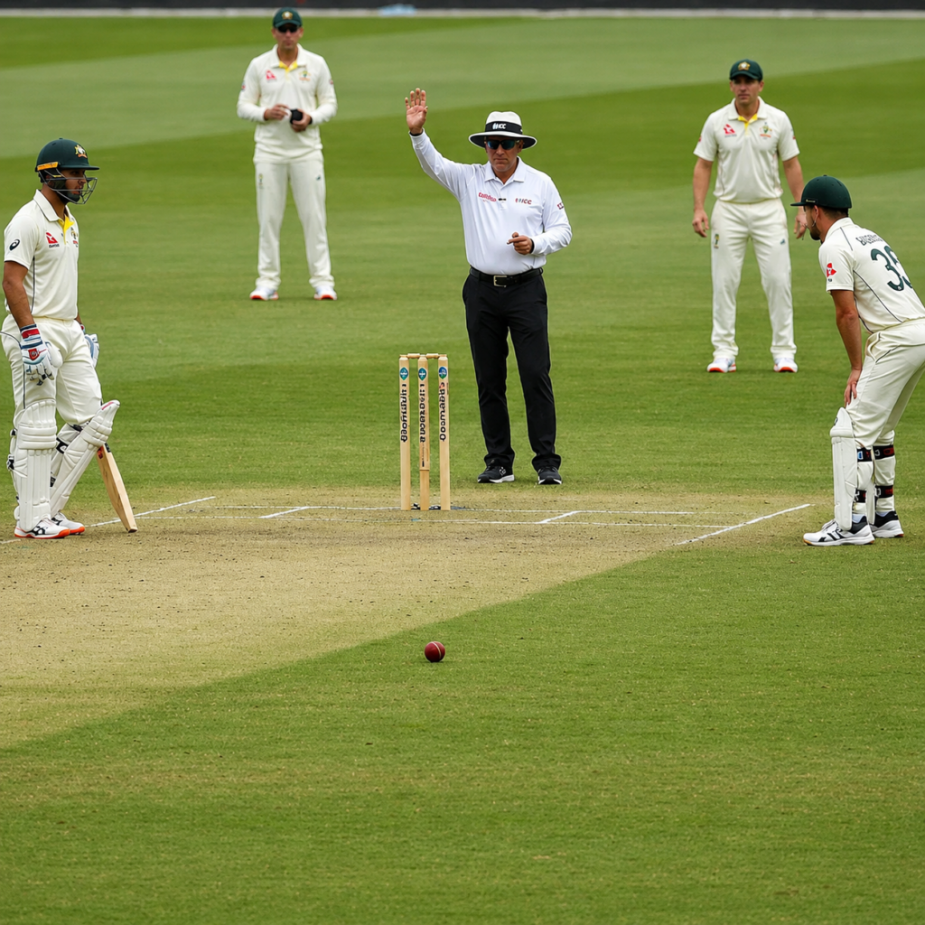 Cricket umpire signaling a dead ball while batters and fielders wait on the pitch during a Test match