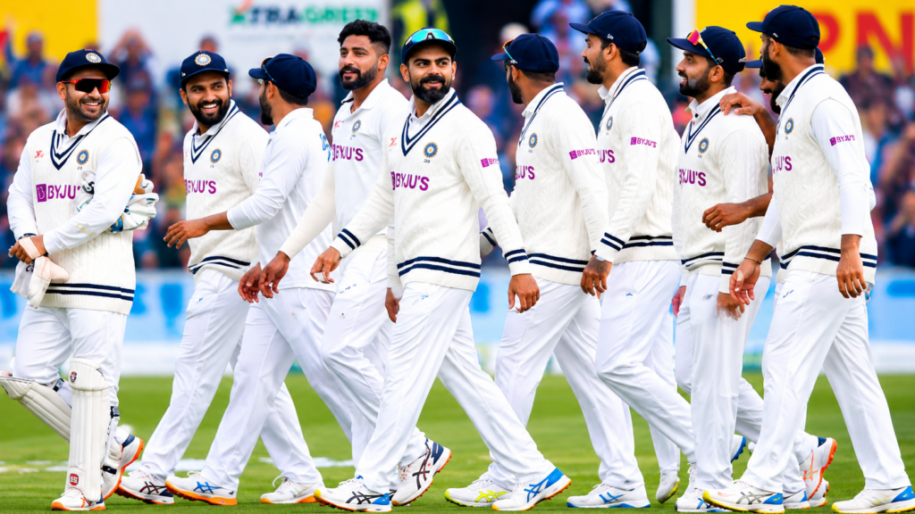 Indian Test cricket team celebrating after a declaration aimed at forcing a match result