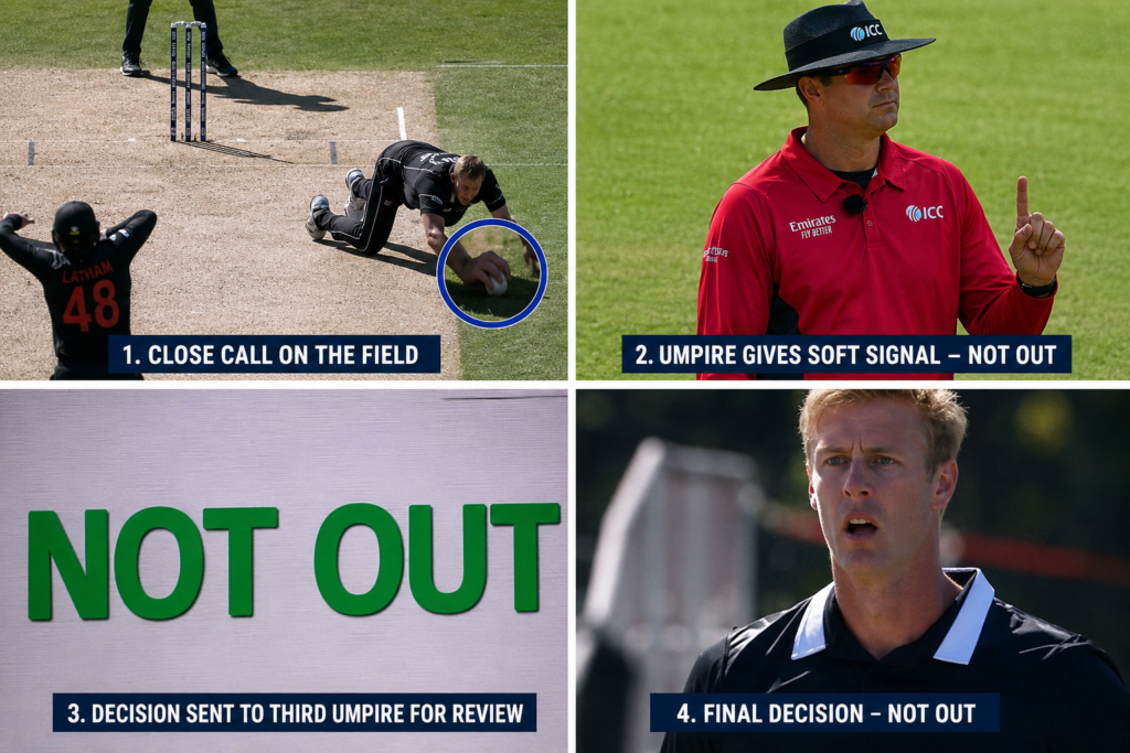 An on-field umpire gives an initial opinion (soft signal) before referring a close catch to the third umpire.